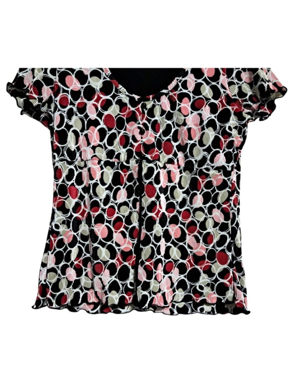 Y2K Christopher & Banks Womens Medium Circle Print Top Black Red Stretch Going O - Picture 4 of 8